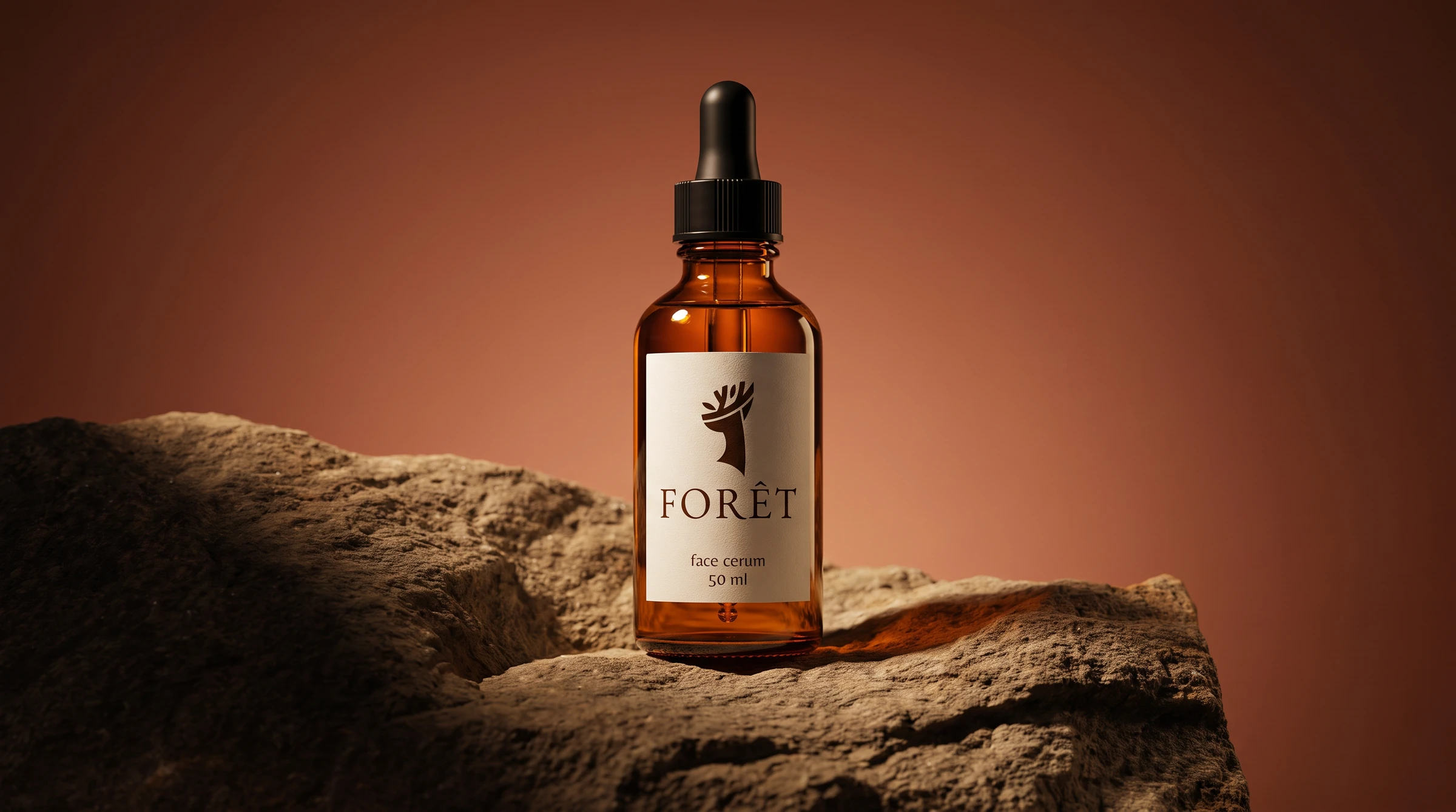 Foret face cerum bottle standing on terracotta rock