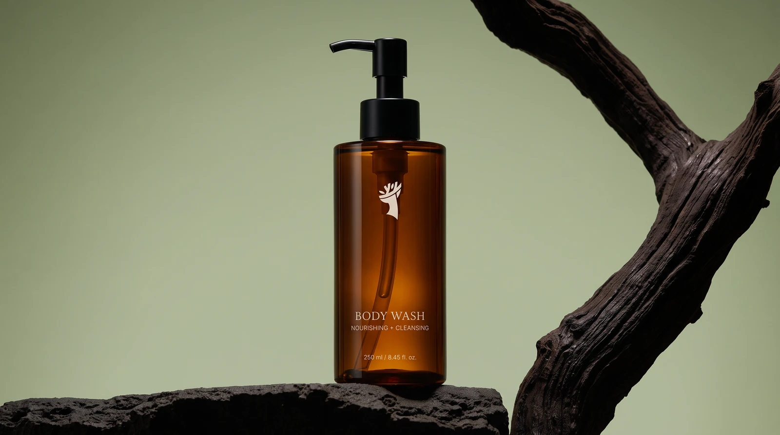 Foret body wash pump bottle on charred wood against sage green