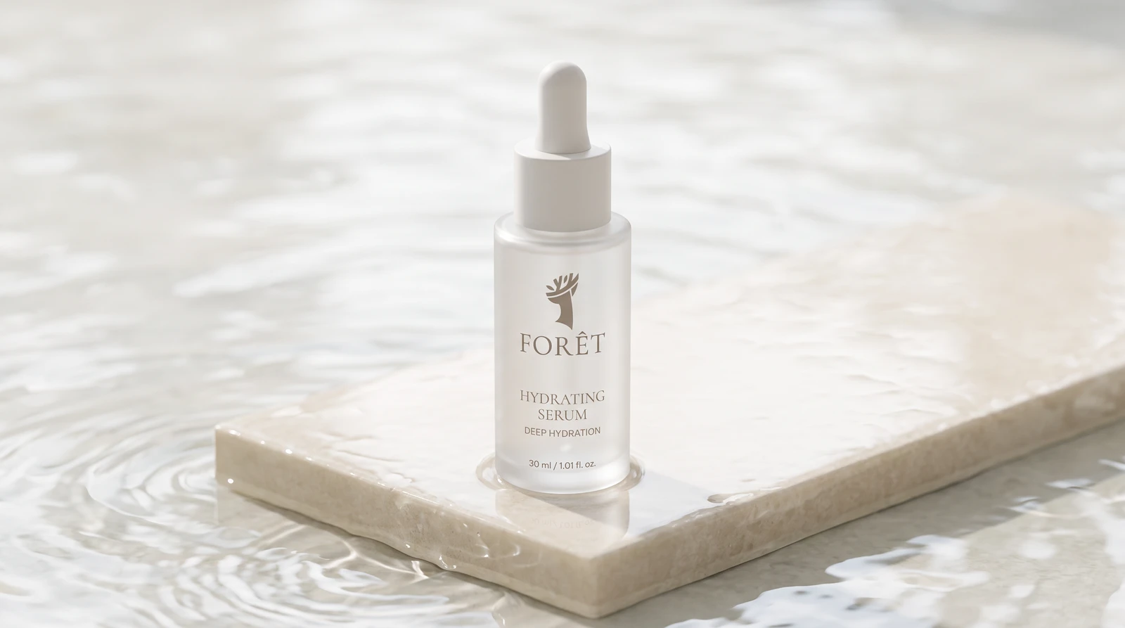 Foret hydrating serum on wet marble
