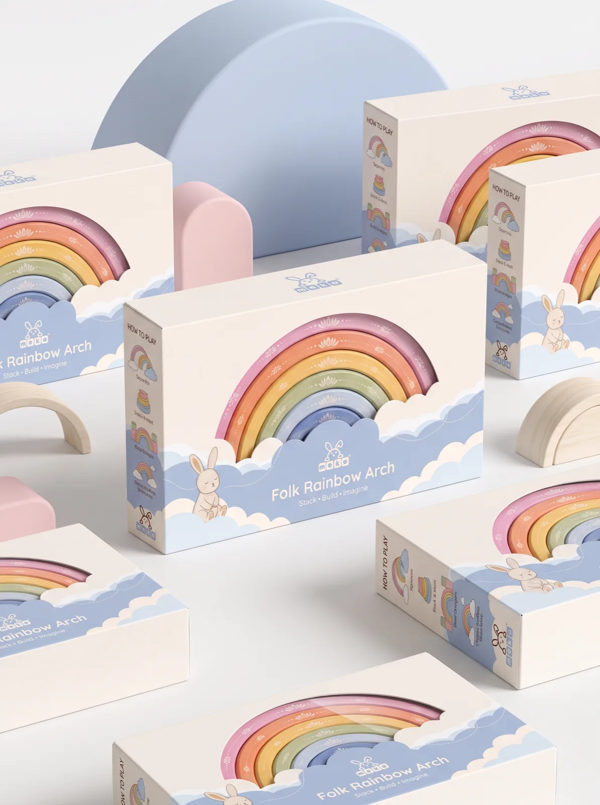 Folk Rainbow Arch boxes with die-cut cloud windows