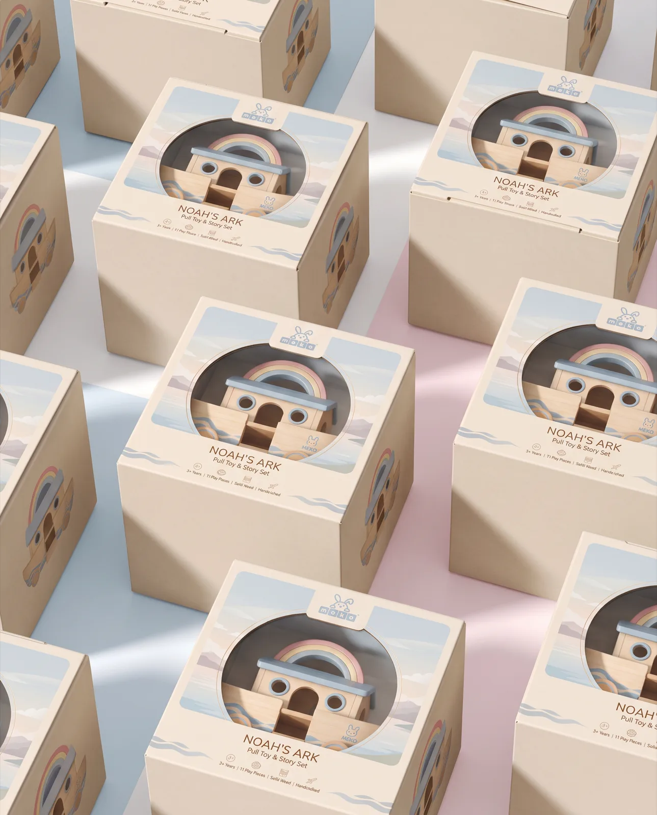 Noah's Ark pull toy boxes with porthole windows