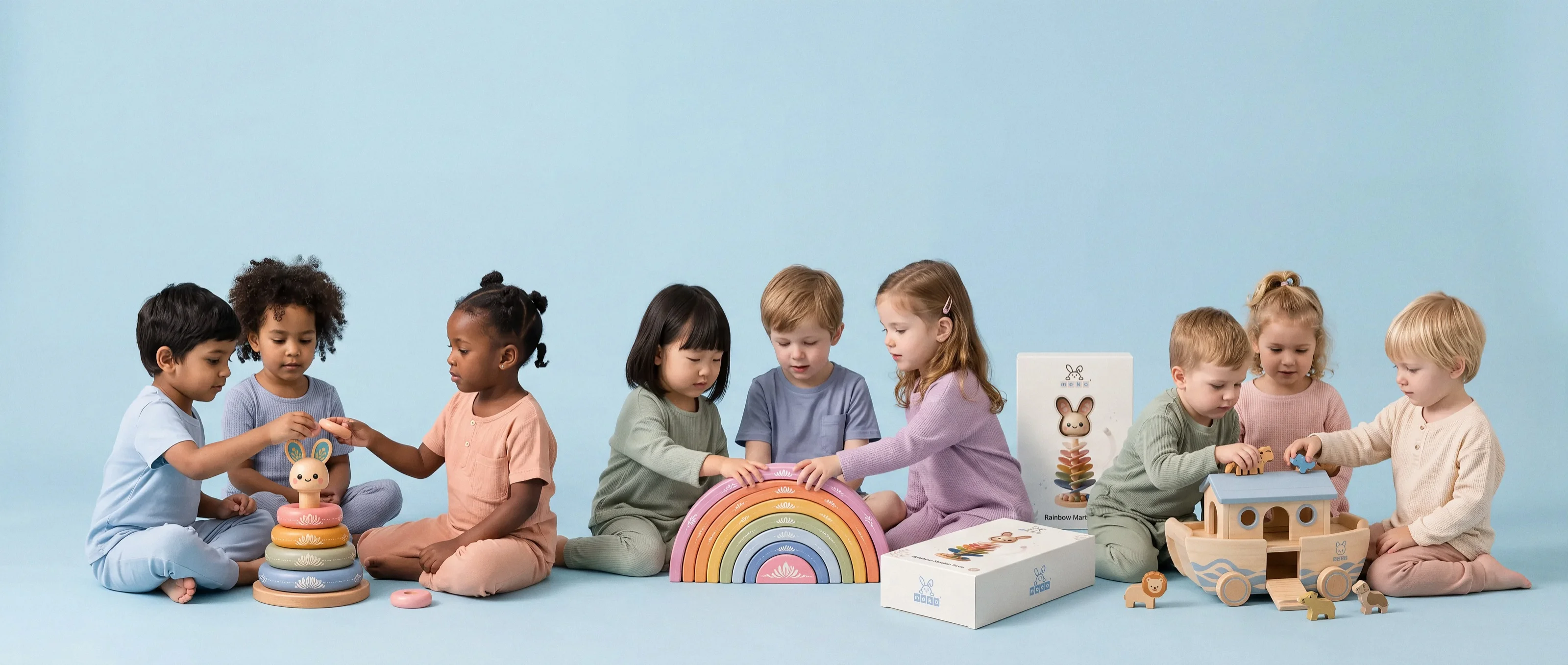 Nine children playing with MEKO toys against powder blue