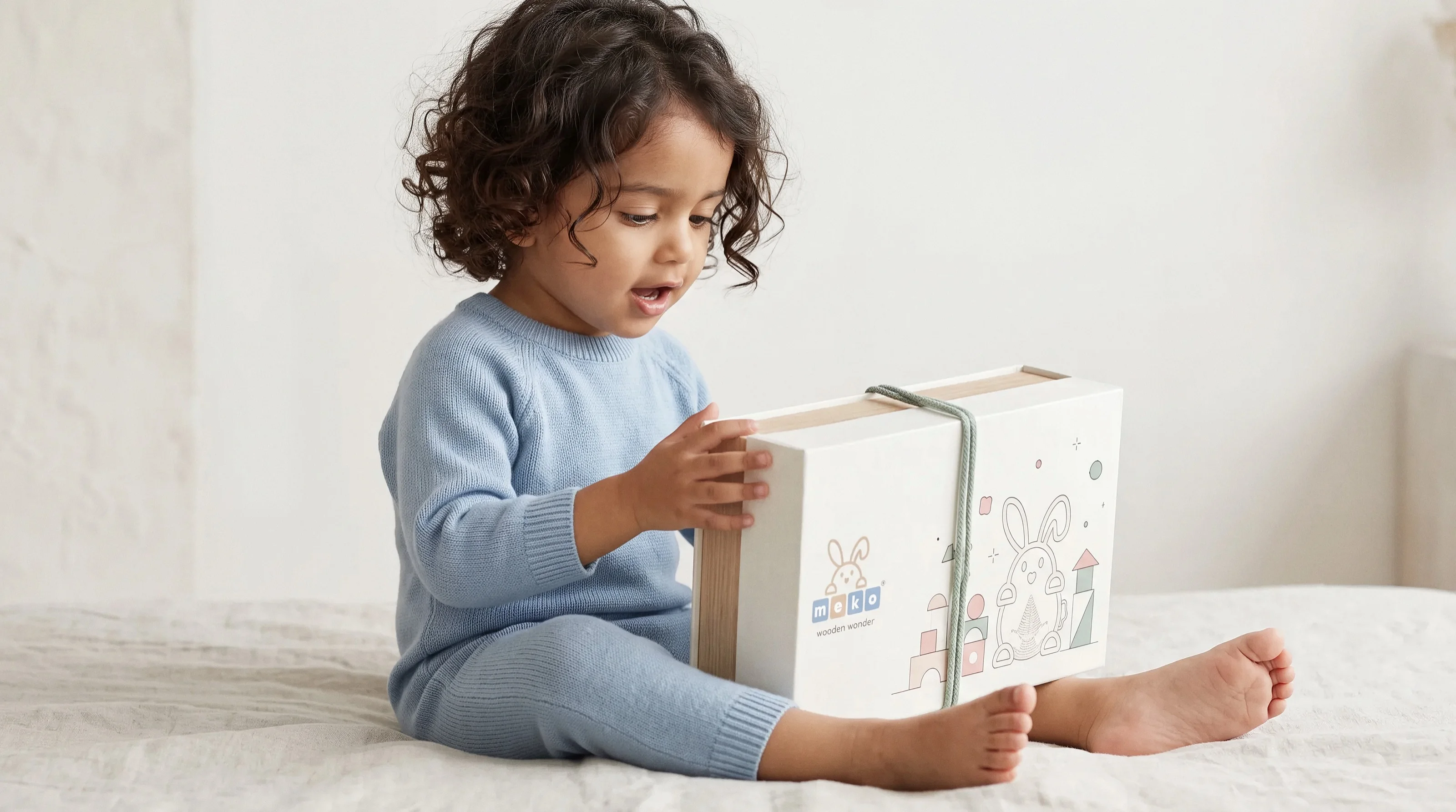 Child on a bed opening the wooden wonder gift box