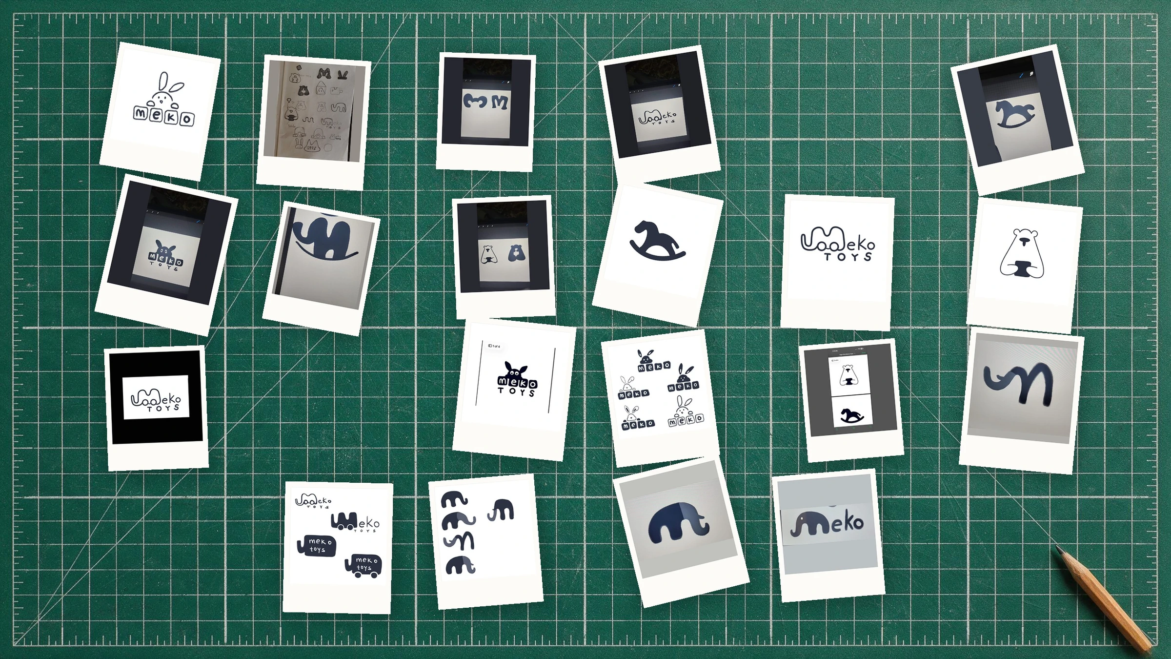 Polaroids of MEKO logo sketches and wordmark drafts on a cutting mat