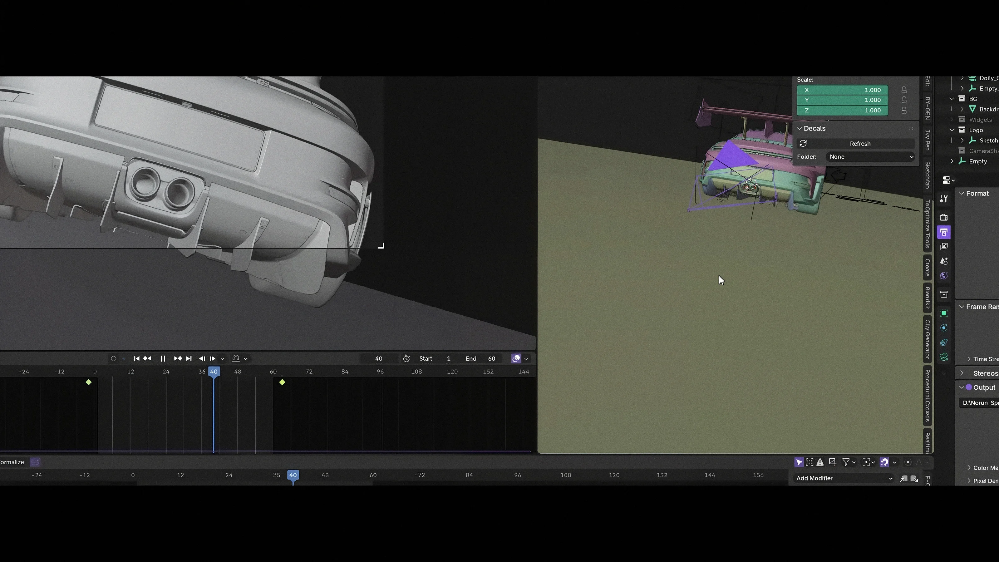Blender viewport and animation timeline mid-build
