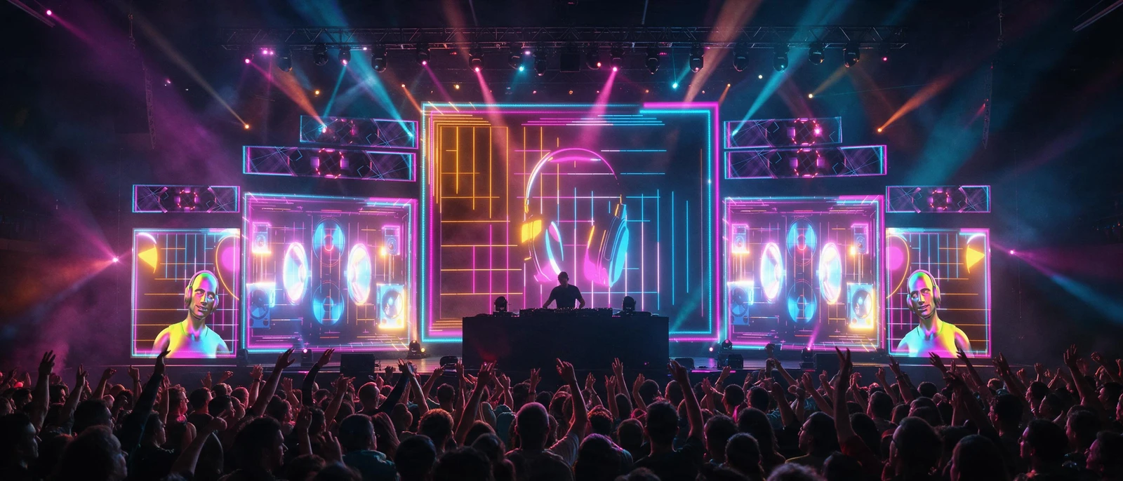 Staged arena visualisation of the DJ set package on a three-screen rig