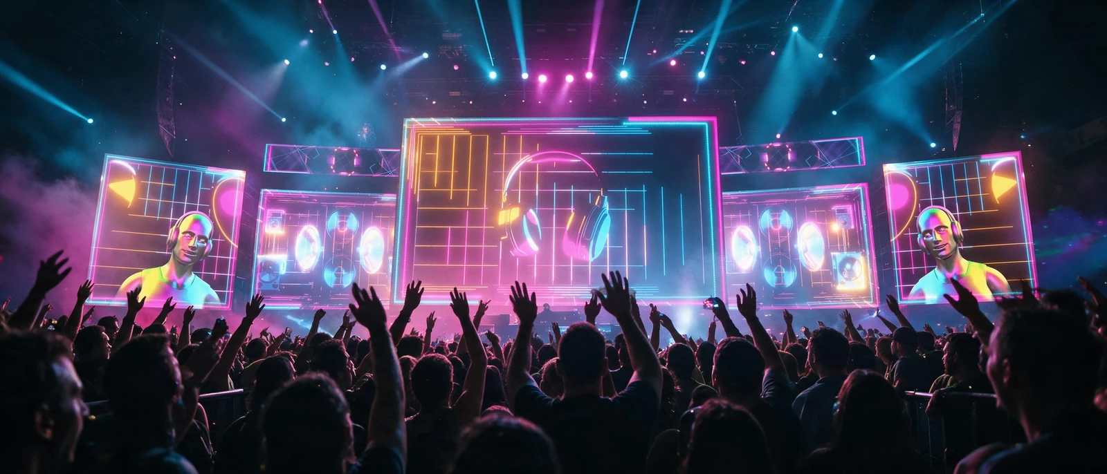 Staged arena visualisation, crowd hands up in front of the LED walls