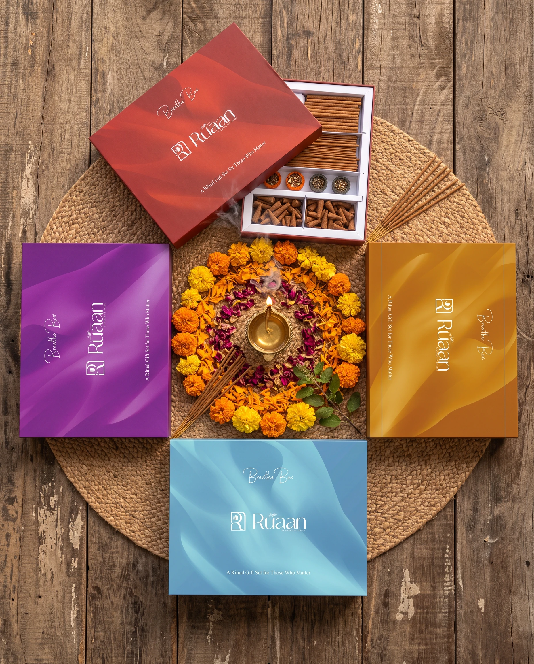 Four Breathe Box colourways arranged around a marigold rangoli with a lit diya