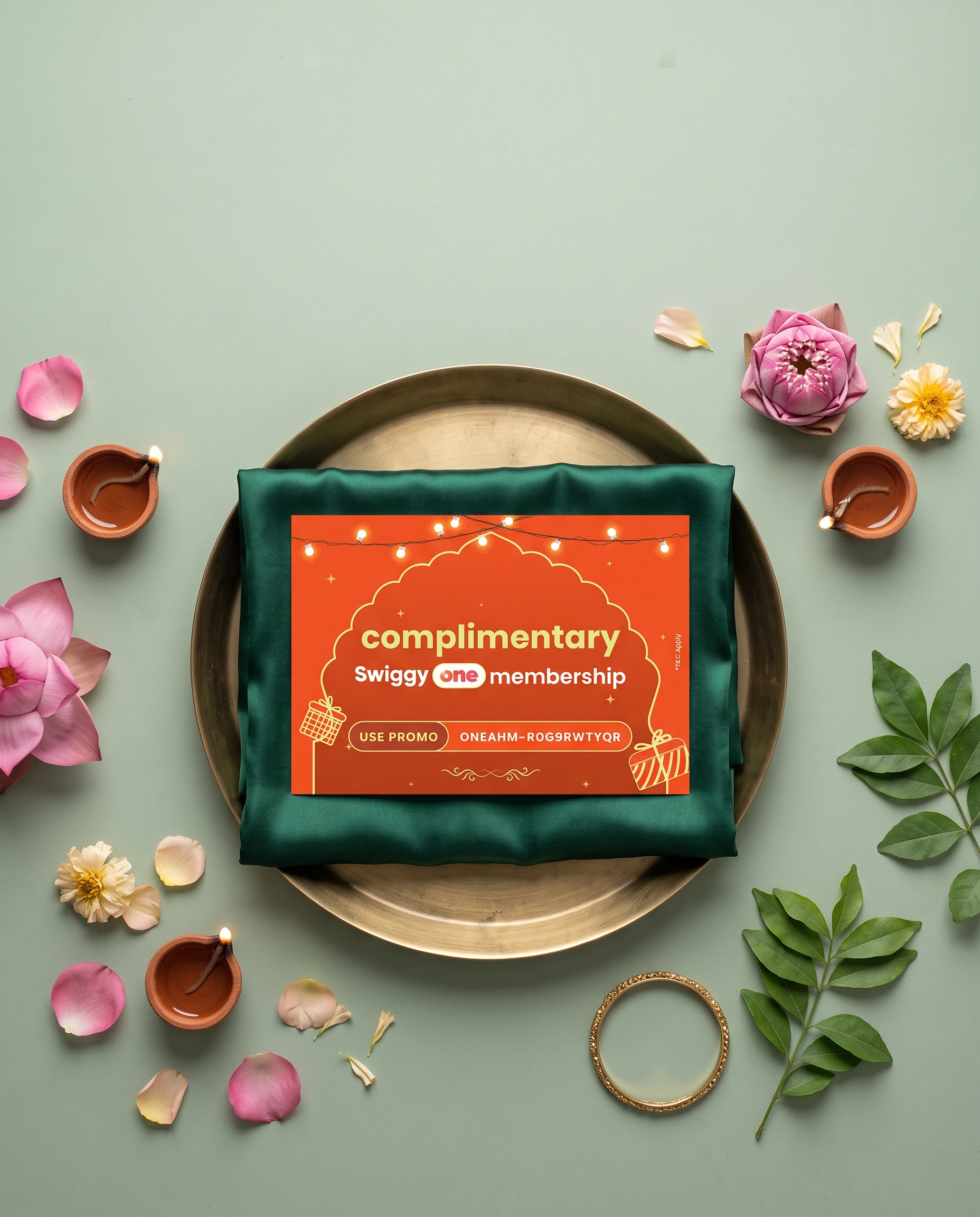 Swiggy One voucher on a brass thali with diyas, petals and flowers
