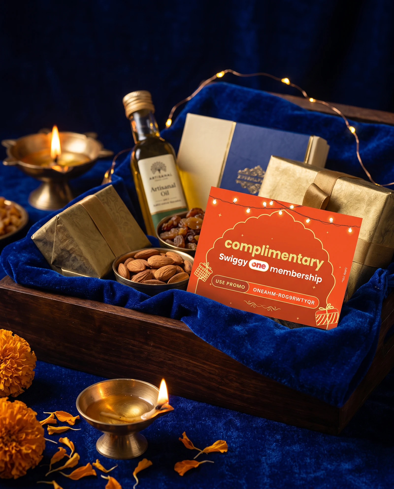 Voucher tucked into a Diwali gift hamper with dry fruits