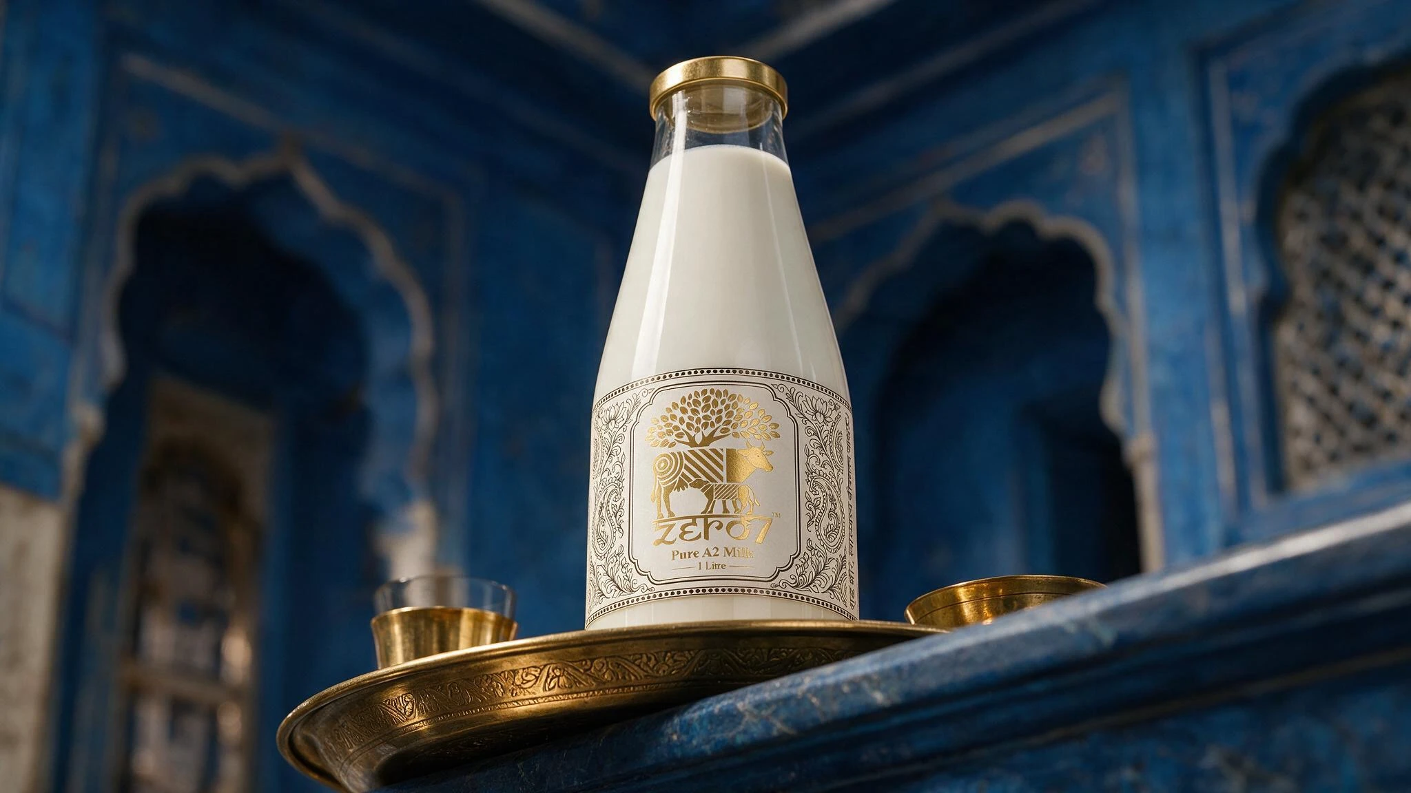 zero7 bottle on a brass tray between carved blue arches