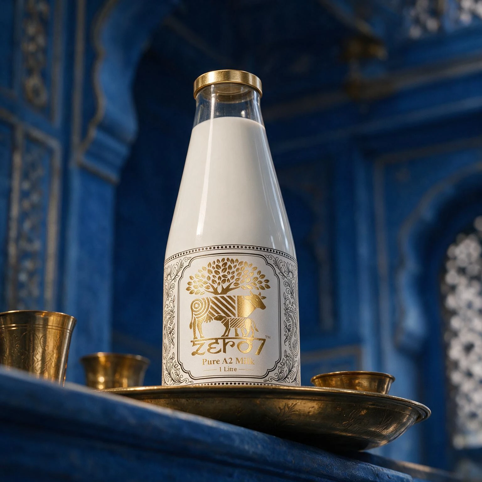zero7 bottle from below on a brass plate, haveli walls rising behind